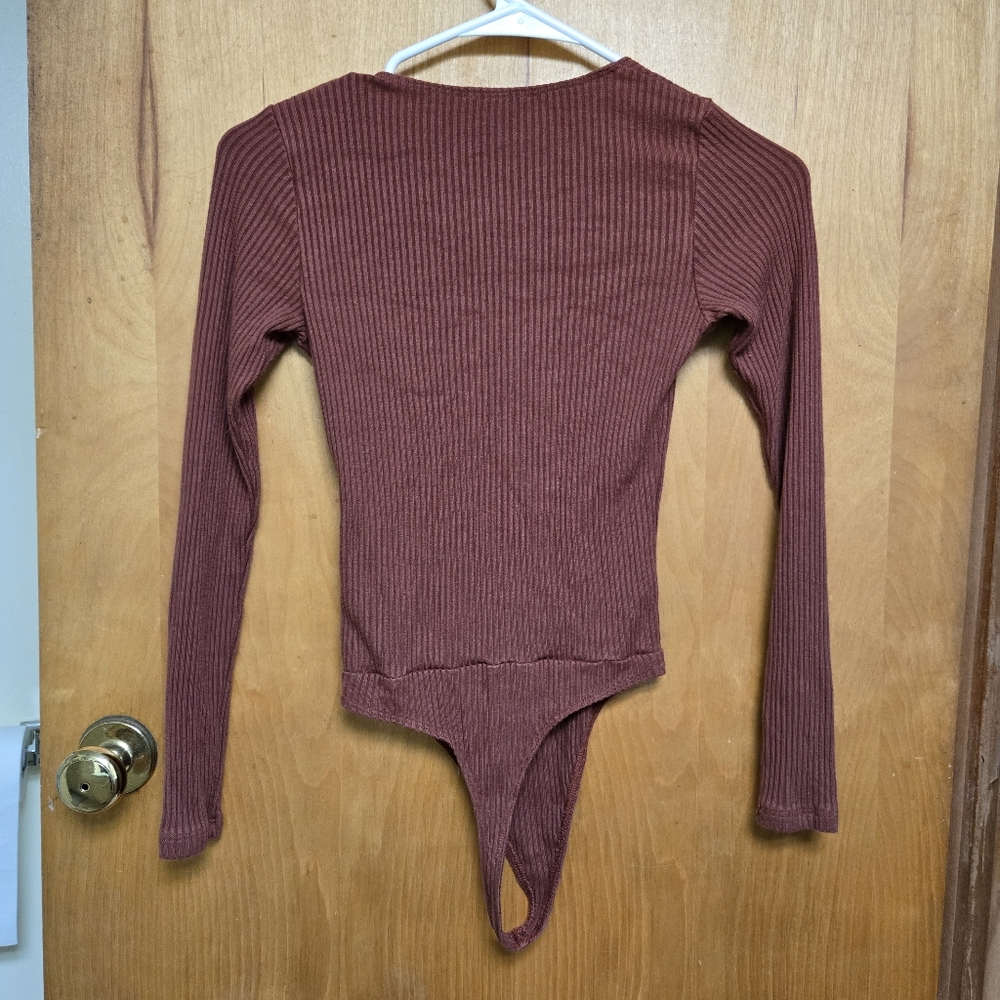 Whimsy + Row Laurel Rust Ribbed Long Sleeve Bodysuit - Picture 3 of 3